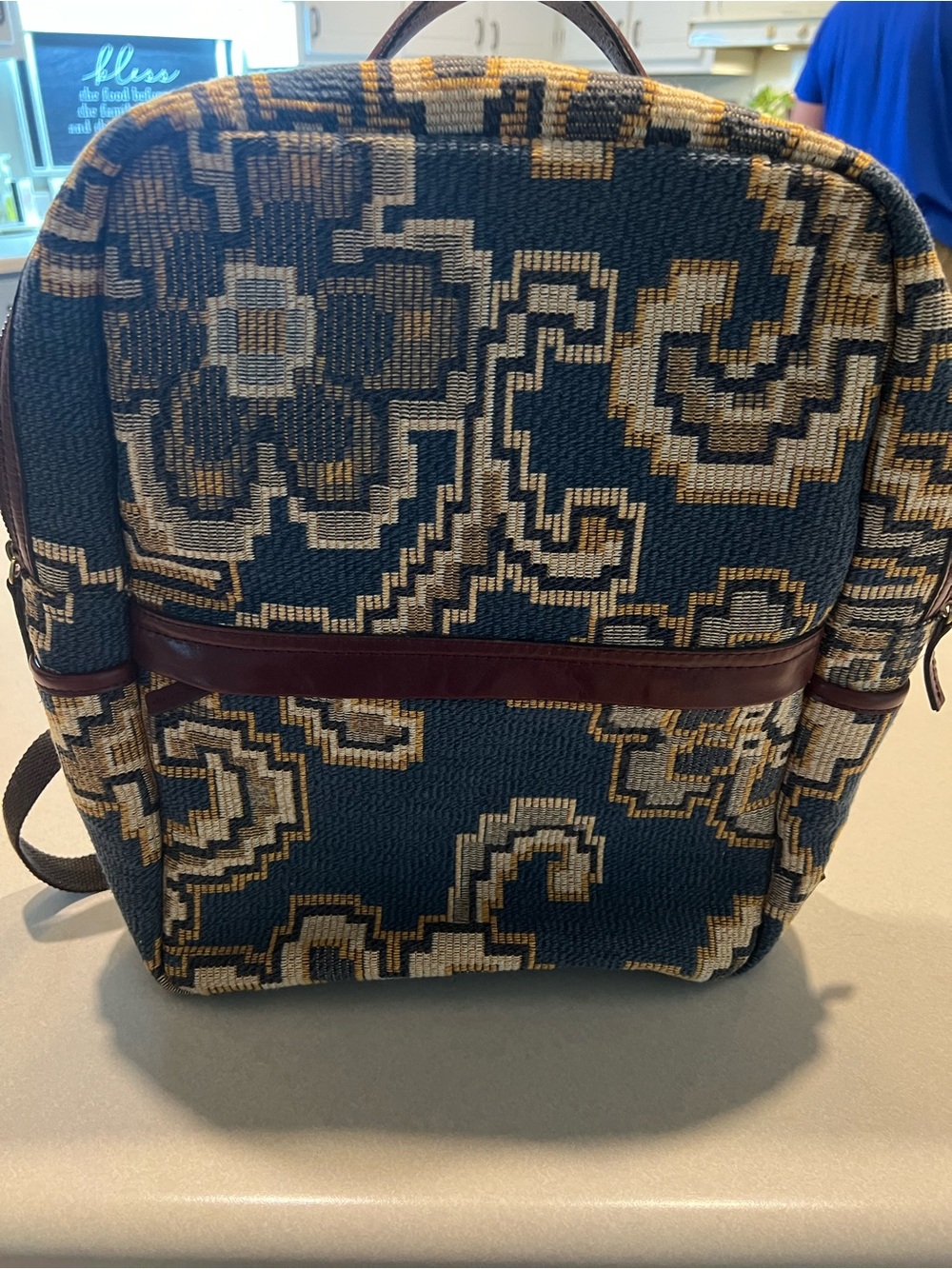 Patricia Nash Navy, Tan & Cream Geometric Woven Backpack